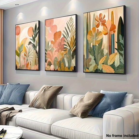 [2D Flat] 3pcs, 2D Frameless Canvas Art, Three Pieces of Living Room Decorative Paintings, 3pcs Unframed Tropical Jungle Wall Art, Earthy Plant Abstract Bohemian Decorative Paintings, Creative Print