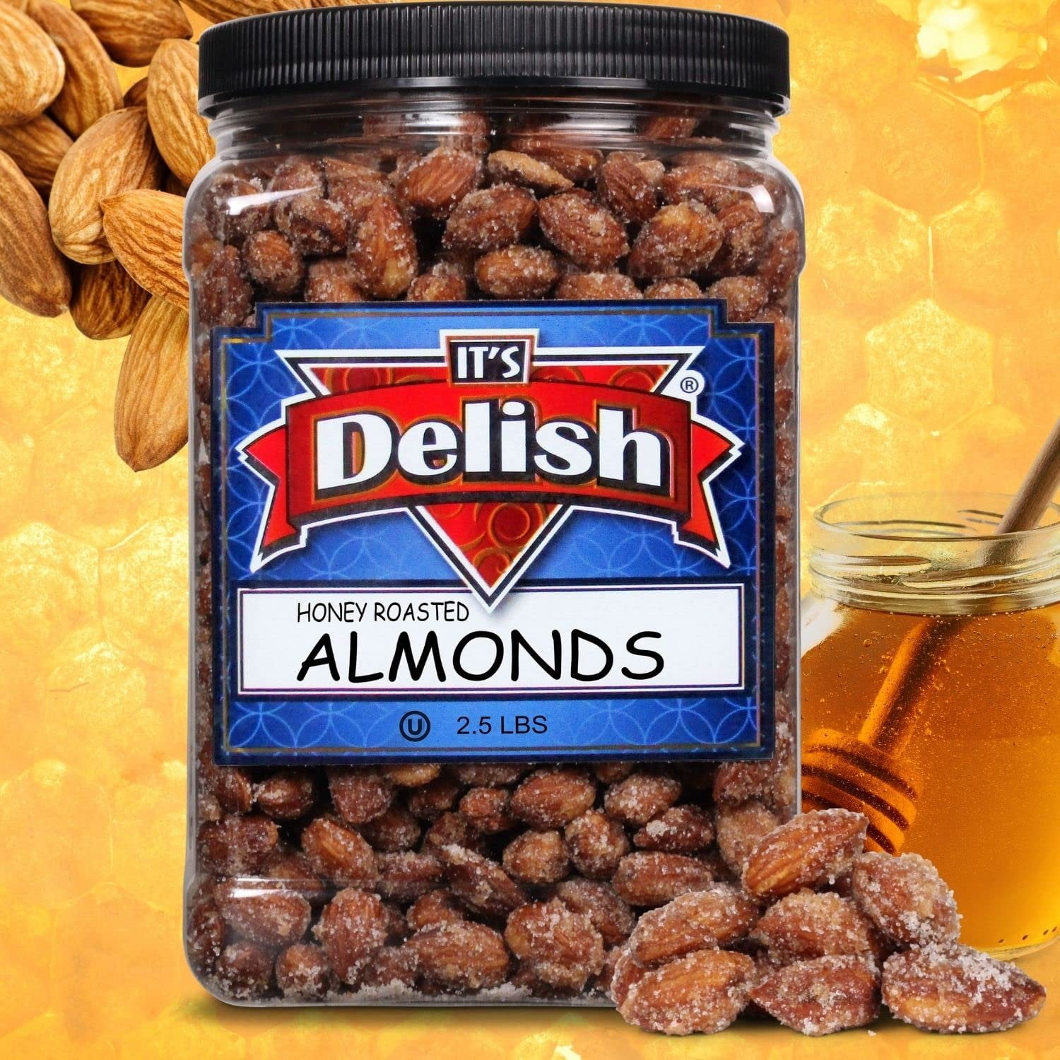 Honey Roasted Almonds by It's Delish, 2.5 LBS Reusable Jumbo Container  Gourmet Almond Nuts in Honey Sugar Coating, Sweet & Heart Healthy Salted Nut, Kids Snack - Non-Dairy, Kosher Parve