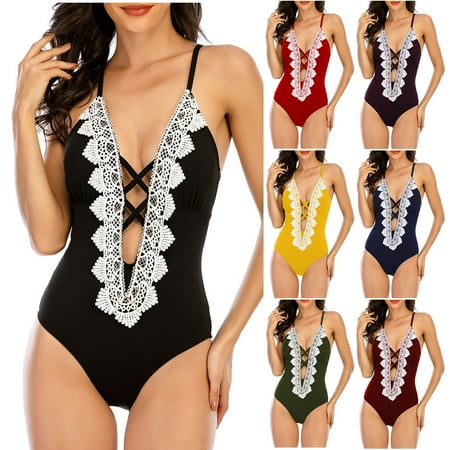 Clearance & Promo  Women Bandage Sexy Solid Lace One-Piece Bikini  Push-Up Pad Swimwear Swimsuit Beachwear  Stylish Swimwear for Women  Ideal for Poolside & Seaside | Sopatenor  Army Green L