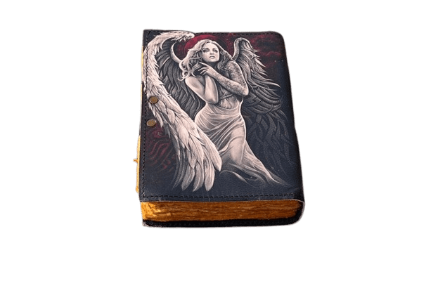 Handmade Leather Journal with Angel Artwork – 5x7 Inch Vintage Deckle Paper Notebook, 200 Pages