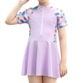 thumbnail image 2 of IBTOM CASTLE Toddler Girls Swimsuit Short Sleeve Zipper Swimdress + Shorts Two Piece Bathing Suits for Kids Teens Beachwear Swimwear 9-10 Years Purple, 2 of 8