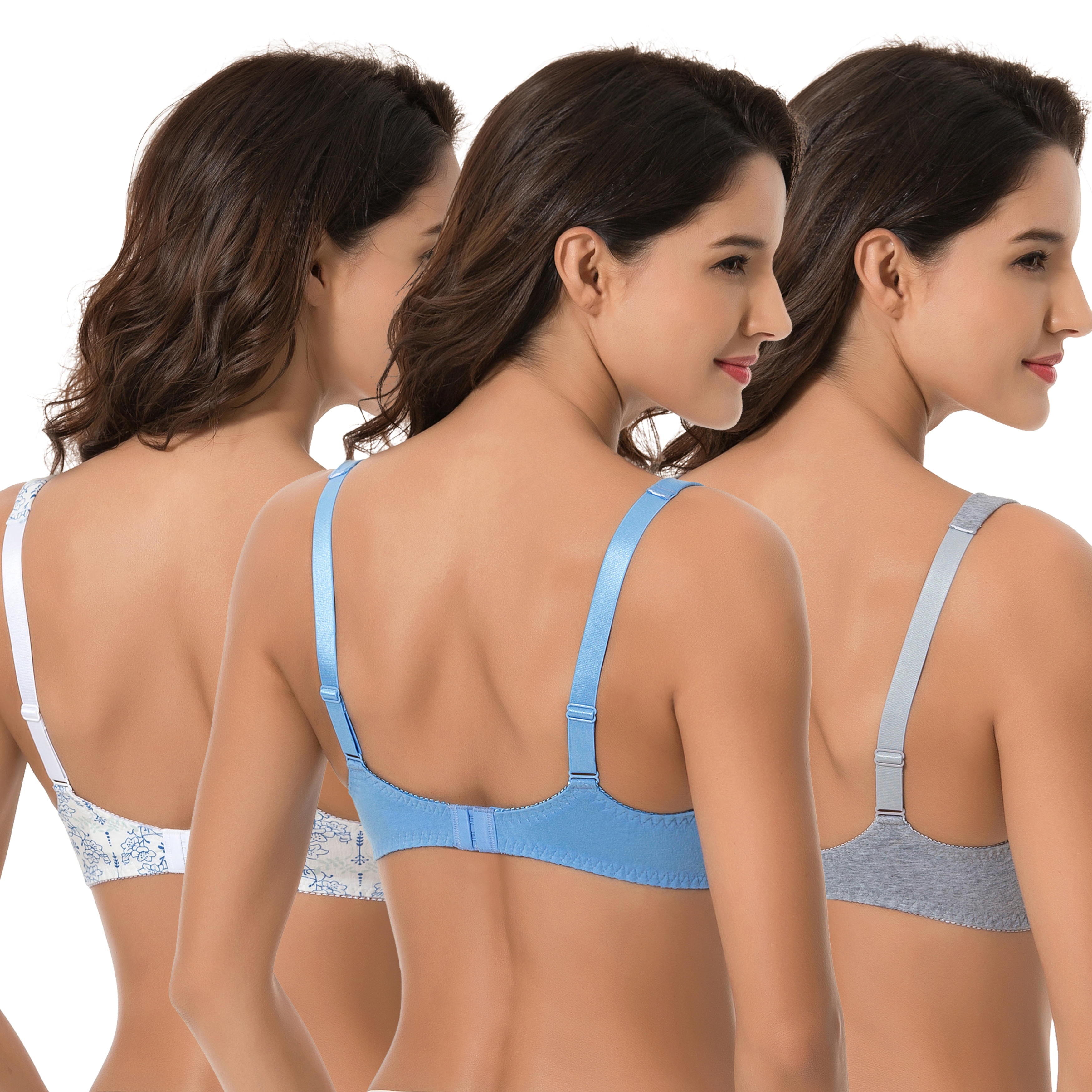 Curve Muse Women's Plus Size Underwired Unlined Balconette Cotton Bra-3Pack-WHITE PRINT,BLUE,COOL GRAY-40DD