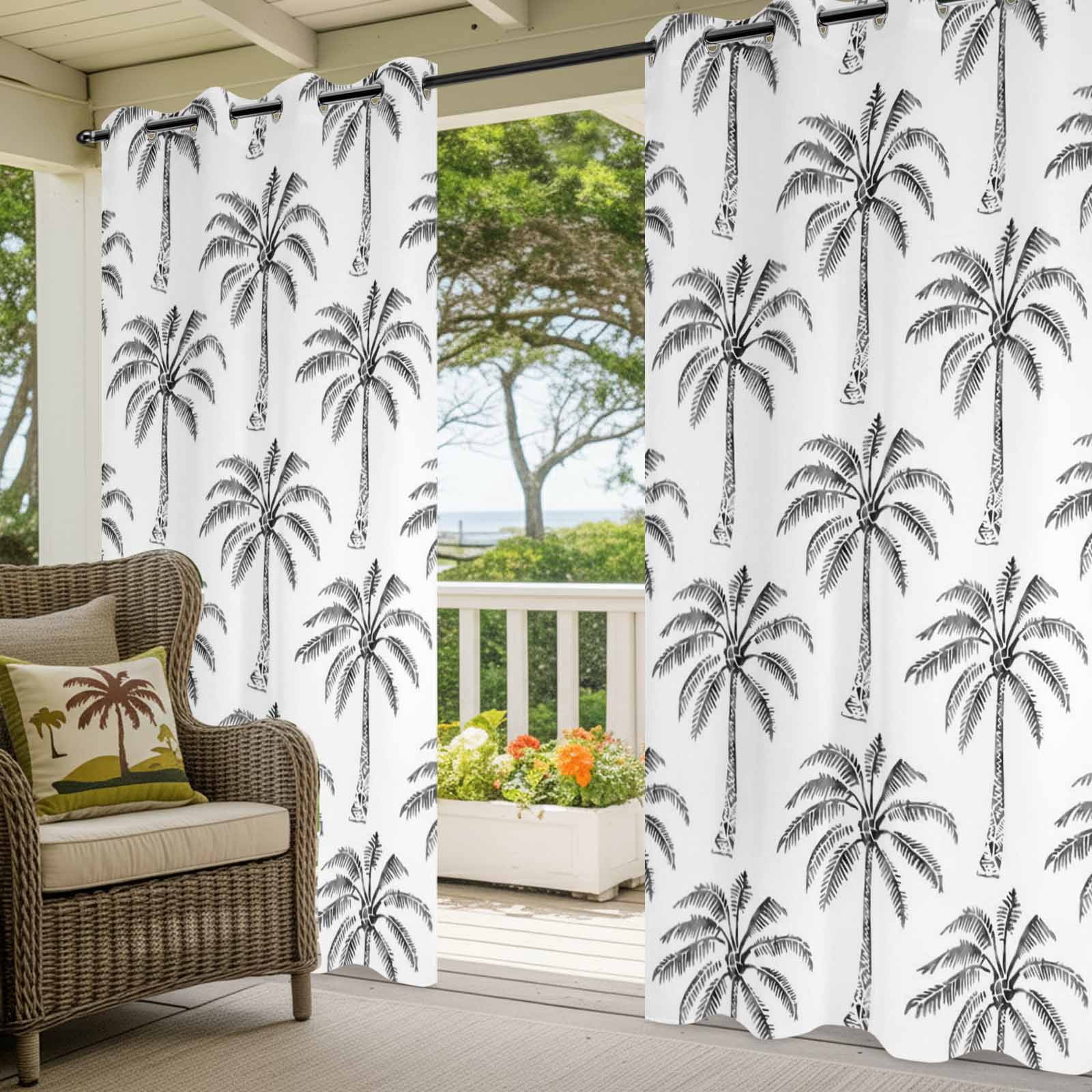 Summer Palm Tree Outdoor Curtains for Patio, Coastal Beach Minimalist Tropical Black Tree Leaf Sunshade Privacy Drapes Grommet Waterproof Outside Curtains for Porch/Cabana/Balcony 54"x 108", 1 Panel
