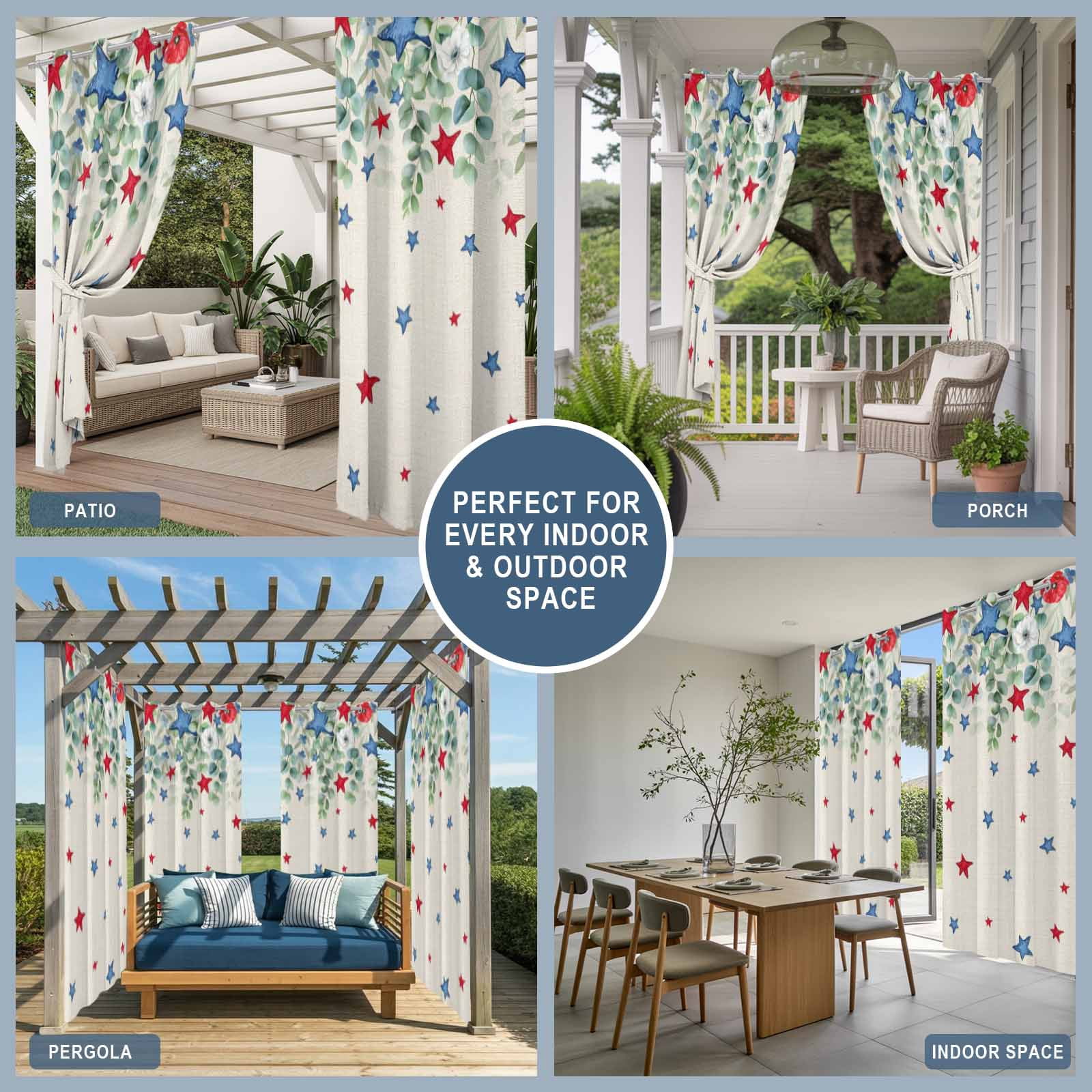 Independence Day Star Outdoor Curtains for Patio, Country Farmhouse Red Blue Star Leaf Flower Linen Sunshade Privacy Drapes Grommet Waterproof Outside Curtains for Porch Balcony 54"x95", 2 Panel