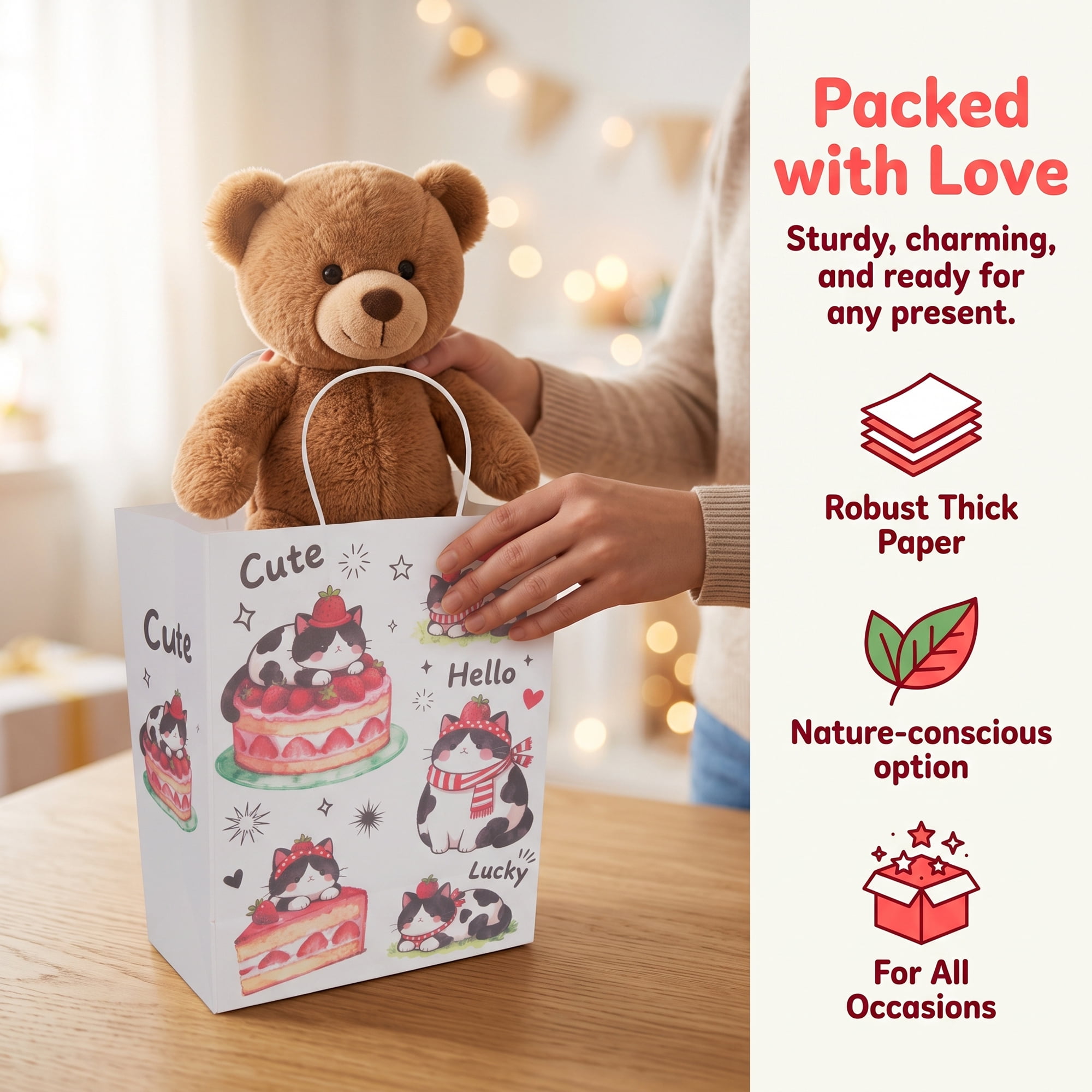 Unique Bargains Cartoon Gift Bags with Handles for Occasions Red Cat 8.3" x 4.3" x 10.6"