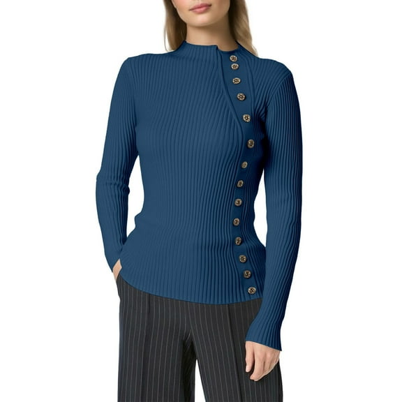 Fgnfyis Women's Autumn Winter Warm Half Turtleneck Button down Pullover Sweater Top Casual Comfortable Soft Knitwear Blue S