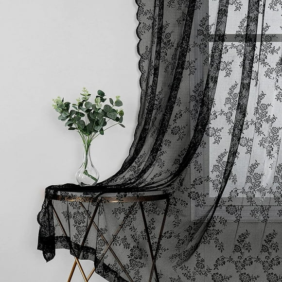 AIR-Black Lace Curtains for Bedroom Living Room 54 Inch Long Vintage Floral Embroidered Sheer Voile Window Treatment Sets Durable Rose Lace Fabric Rod Pocket Curtain Drapes for Garden Balcony, 2 Pane
