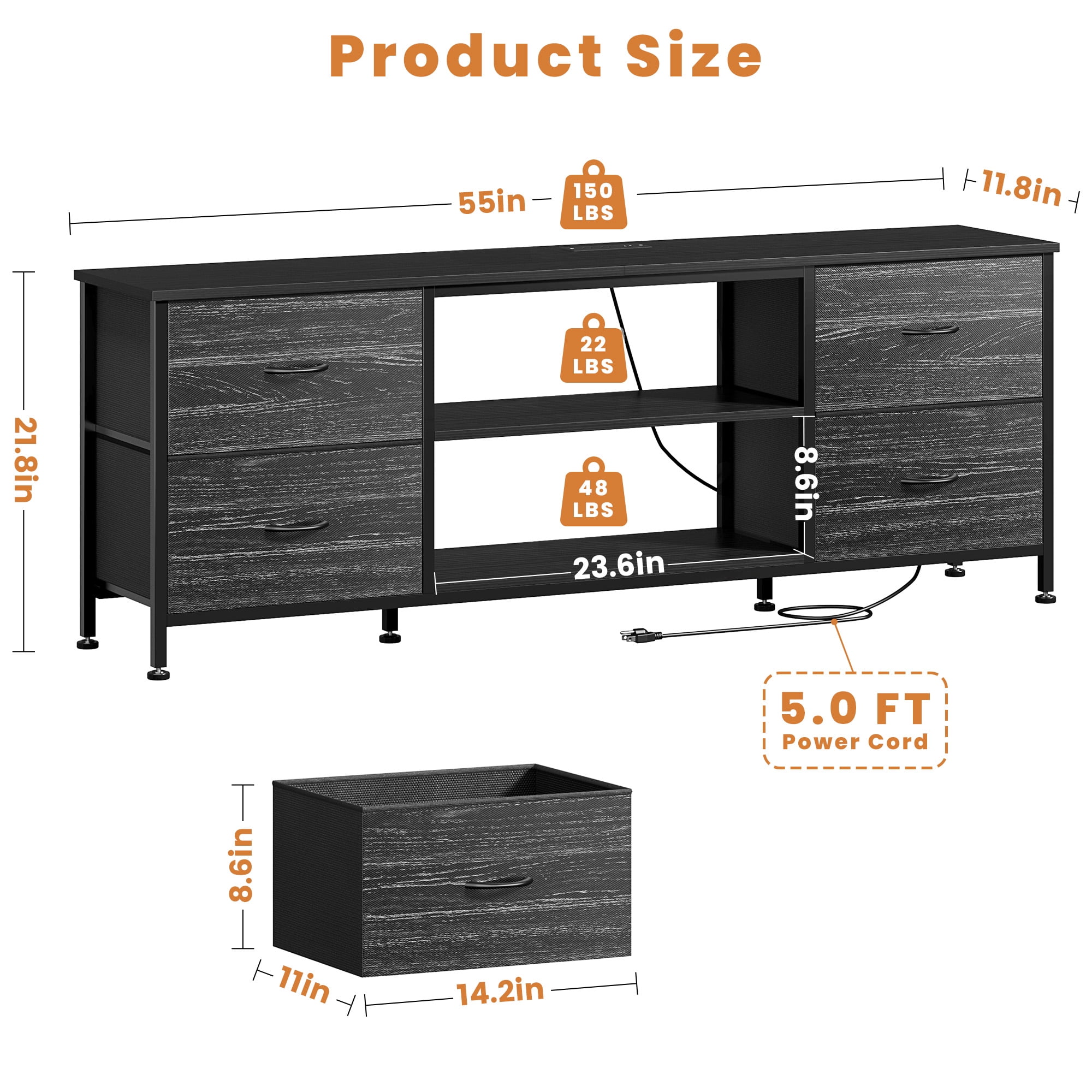 TV Stand for Bedroom, Television Stand for TV up to 60 Inch Entertainment Center Dresser with 4 Drawers Open Storage Shelves for Living Room, Entryway