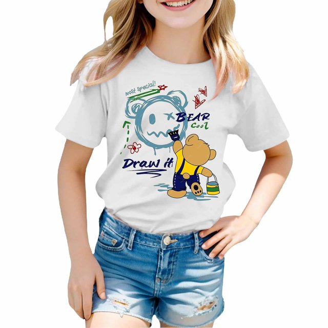 TZEWGL T-Shirts For Girl Cartoon Bear Print Round Neck Loose Short Sleeve Clothes For Baby size 7-8T