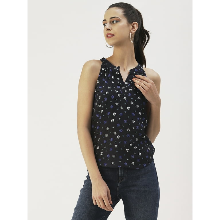 DressBerry Women s Printed Viscose Rayon Top Buttoned Round Neck Sleeveless Pleated Shoulders Waist Length Regular Wear Light Weighted Casual Summer Blouse Walmart