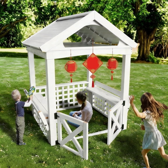 Outdoor Playhouse with Door, SEGMART Wooden Playhouse with Floor for Outdoor, Kids Playhouse with Bench for Kids Ages 3 , Toddler Play House for Outdoor Garden, Lawn, Patio, Yard