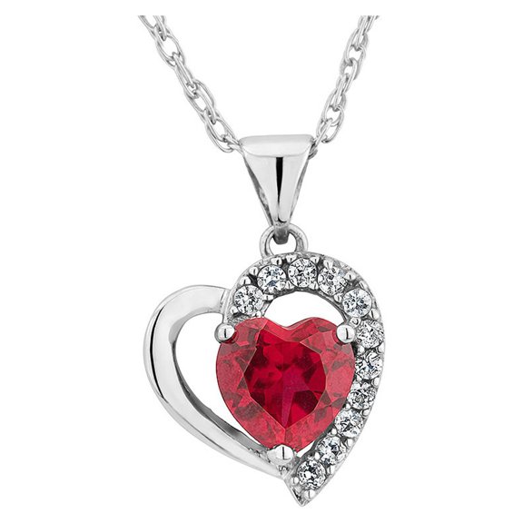 1.90 Carat (Ctw) Lab-Created Ruby Heart Pendant Necklace with Created White Sapphire in Sterling Silver with Chain for Women