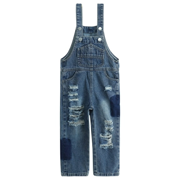 KIDSCOOL SPACE Girls Denim Bib Overalls,Little Big Kids Adjustable Straps Ripped Jean Dungarees Pants, Blue,9-10 Years
