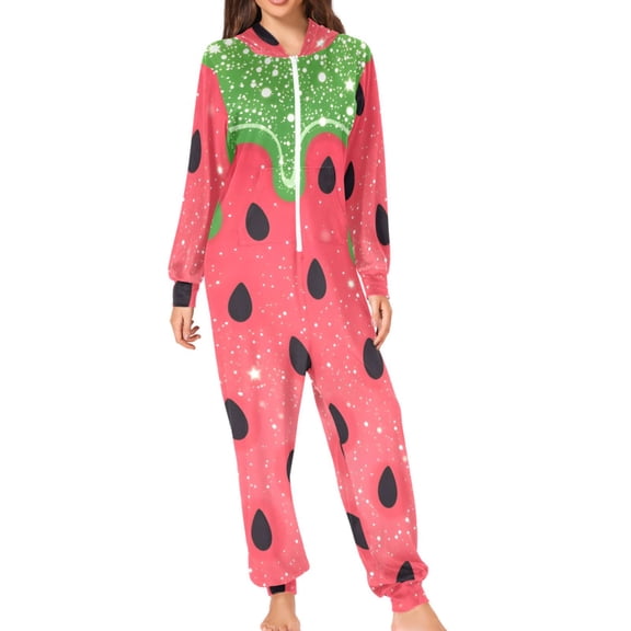 Cute Watermelon with Seeds Adult's Hoodie Onesie Jumpsuit One-Piece Pajamas with Zipper Unisex for Holiday S
