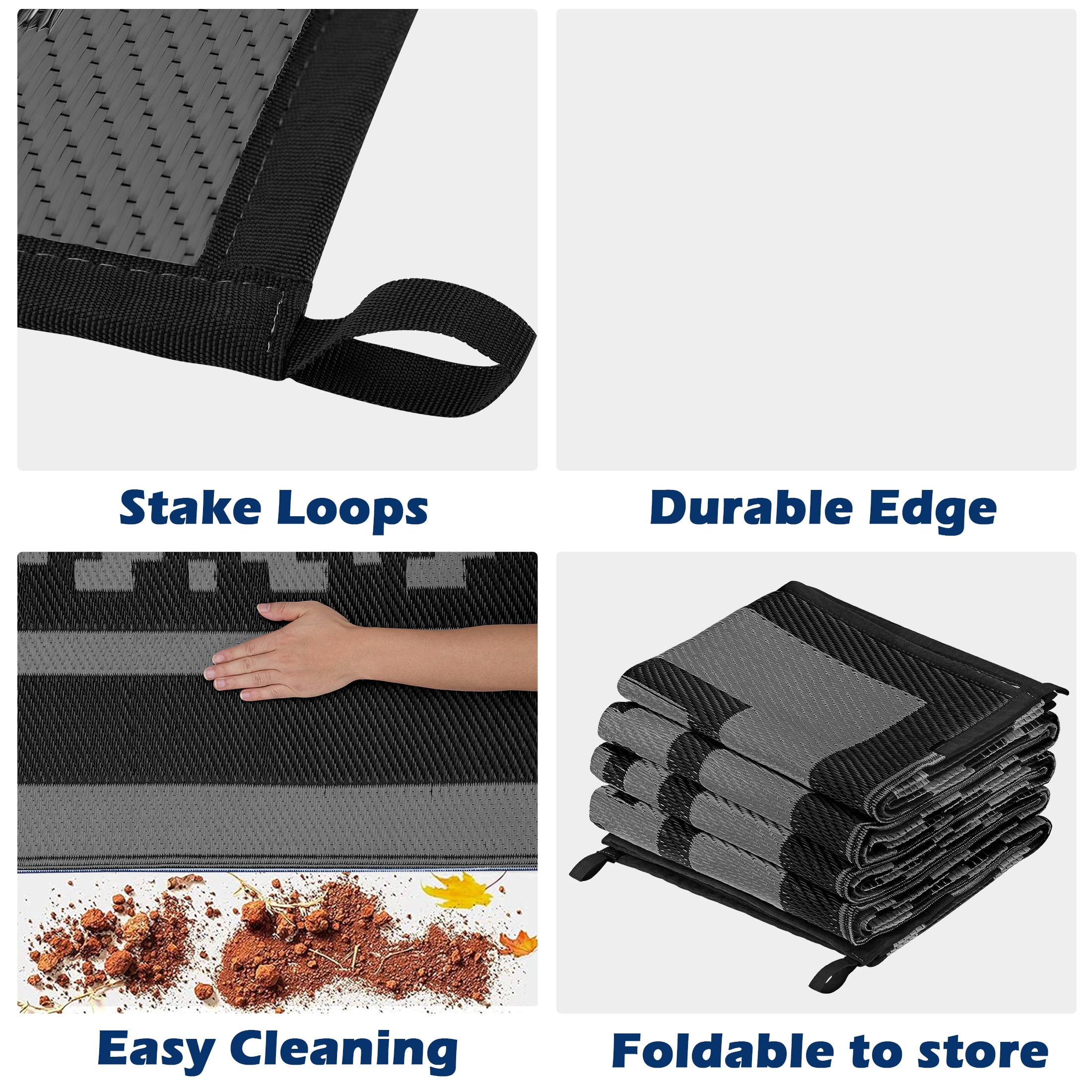 Kohree Outdoor Plastic Straw Rug 9'x12' ,Waterproof Mat with 4 Corner Loops Indoor Outdoor for RV, Camping, Deck ,Balcony (Black & Gray)