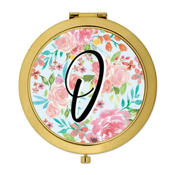Koyal Wholesale Compact Mirror Bridesmaid's Wedding Gift, Gold, Monogram Letter O, Tea Party Pink Floral Flowers, 1-Pack