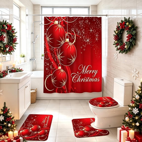 Christmas Bathroom Decor Set, 4-Piece, Shower Curtain Toilet Lid Cover and Bath Mat Set, for Shower, Tub, Guest Bathroom, Powder Room and Holiday Home Decorating