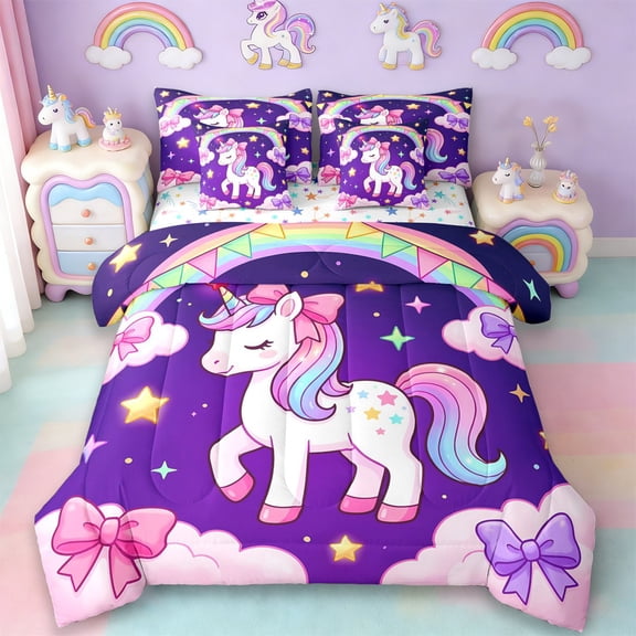 Erosebridal Kawaii Unicorn Kids 7-Piece Twin Bedding Sets,Cute Bowknot Kawaii Stars Rainbow Bedding Comforter Set For Girls,Reversible