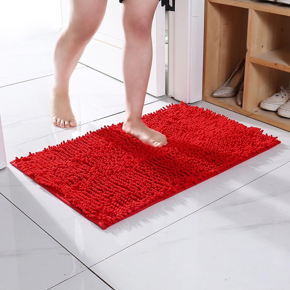 Soft Chenille Bathroom Rugs 36" x 24" Red Shaggy Absorbent Non-Slip Backing Bath Mats Machine Washable