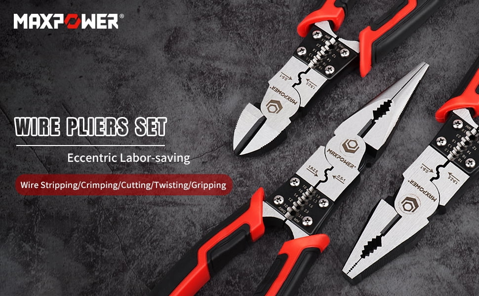 MAXPOWER 3Pcs Pliers Set, 5 in 1 Multifunctional Wire Stripper Crimper Cutter, Long Nose Pliers, Linesman Pliers 8 inch,Diagonal Side Cutting Pliers