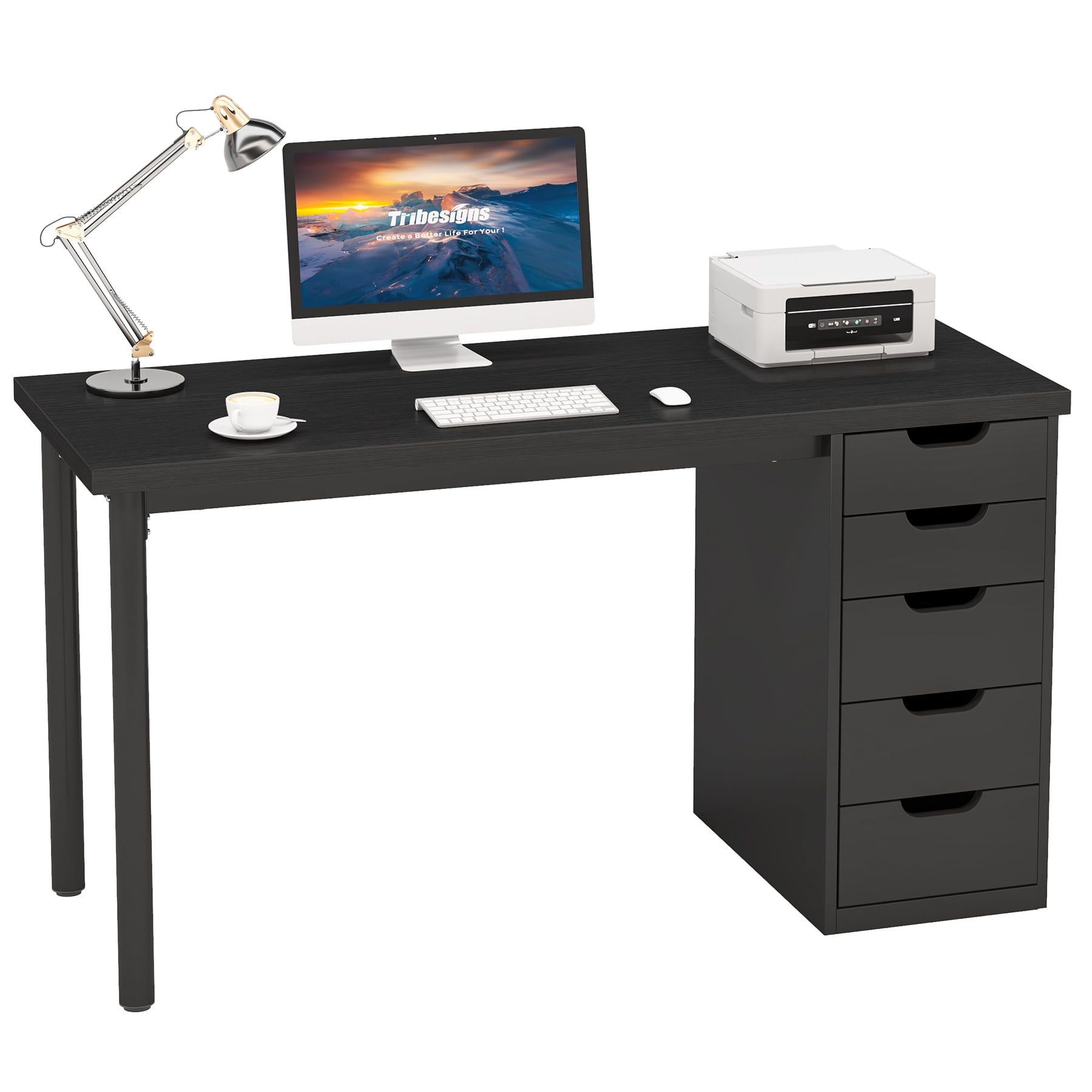 Fnova 47.24" Computer Desk with 5 Drawers, Reversible File Cabinet, Writing Workstation for Home Office Bedroom Study Makeup Vanity Desk Furniture