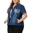 thumbnail image 4 of Agnes Orinda Women's Plus Size Jackets Distressed Short Sleeve Button Denim Jacket with Pockets 4X Dark Blue, 4 of 5