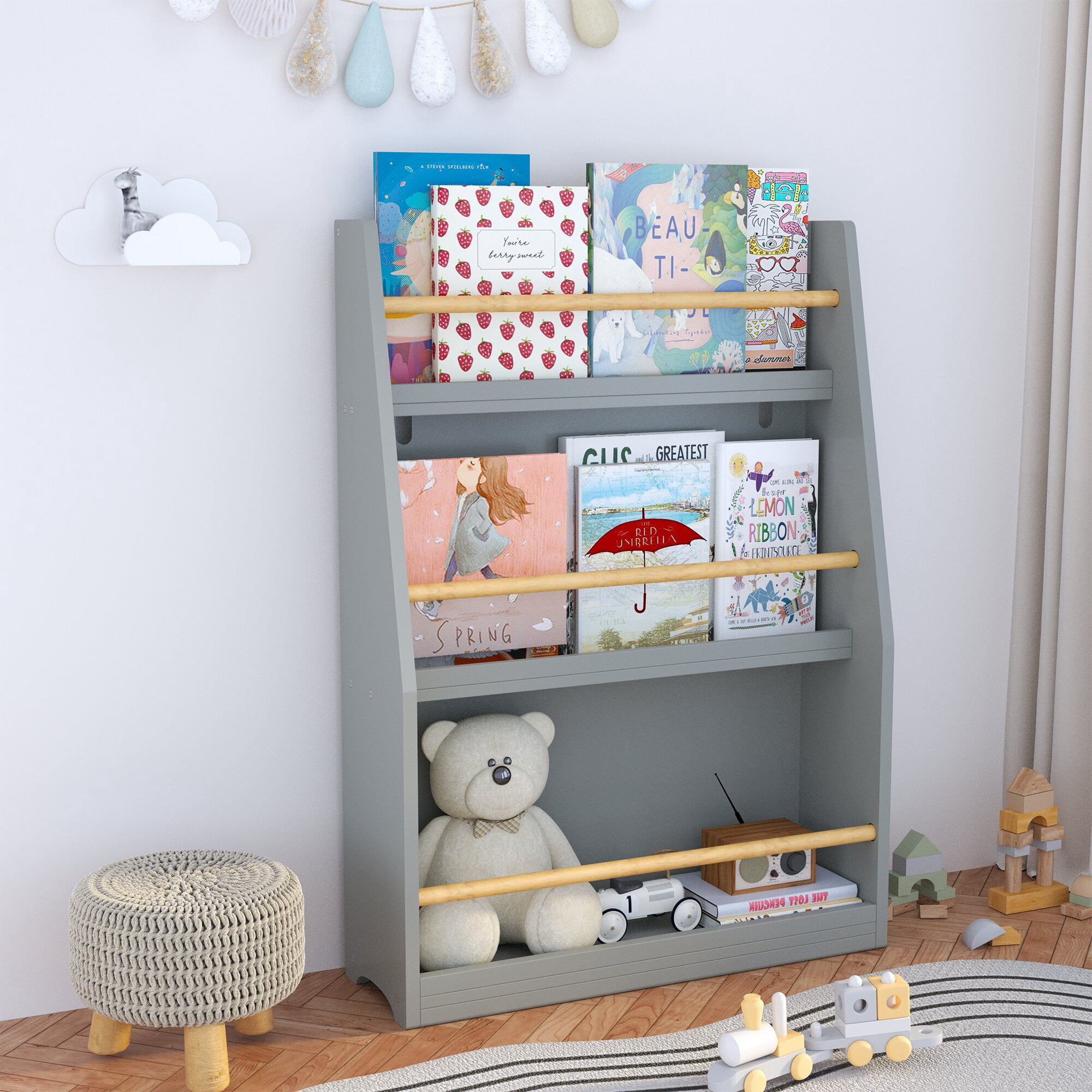 Yoneston Kids 3-Tier Bookcase with Wood Rails, Children's Standing Display Bookshelf for Playroom, Bedroom, Nursery, Gray