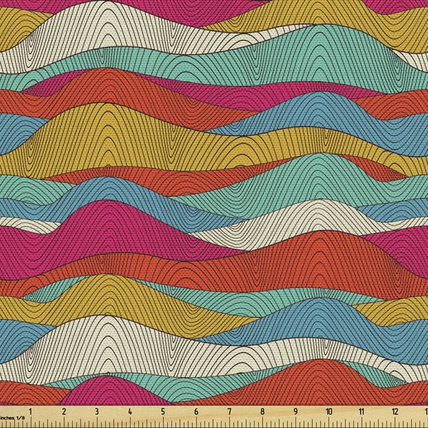 Abstract Fabric by the Yard Upholstery, Vibrant Colored Handdrawn Wave