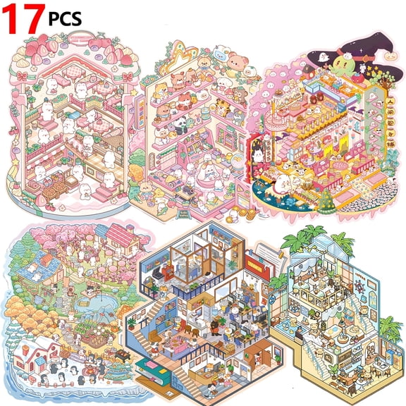 17 PCS Medium Book Scene Stickers, PET Stereoscopic Scenery Stickers, Miniature Scene Stickers, Self-adhesive 3D Cabin Stickers, 3D Stereoscopic Stickers Stress Relief Handmade Stickers