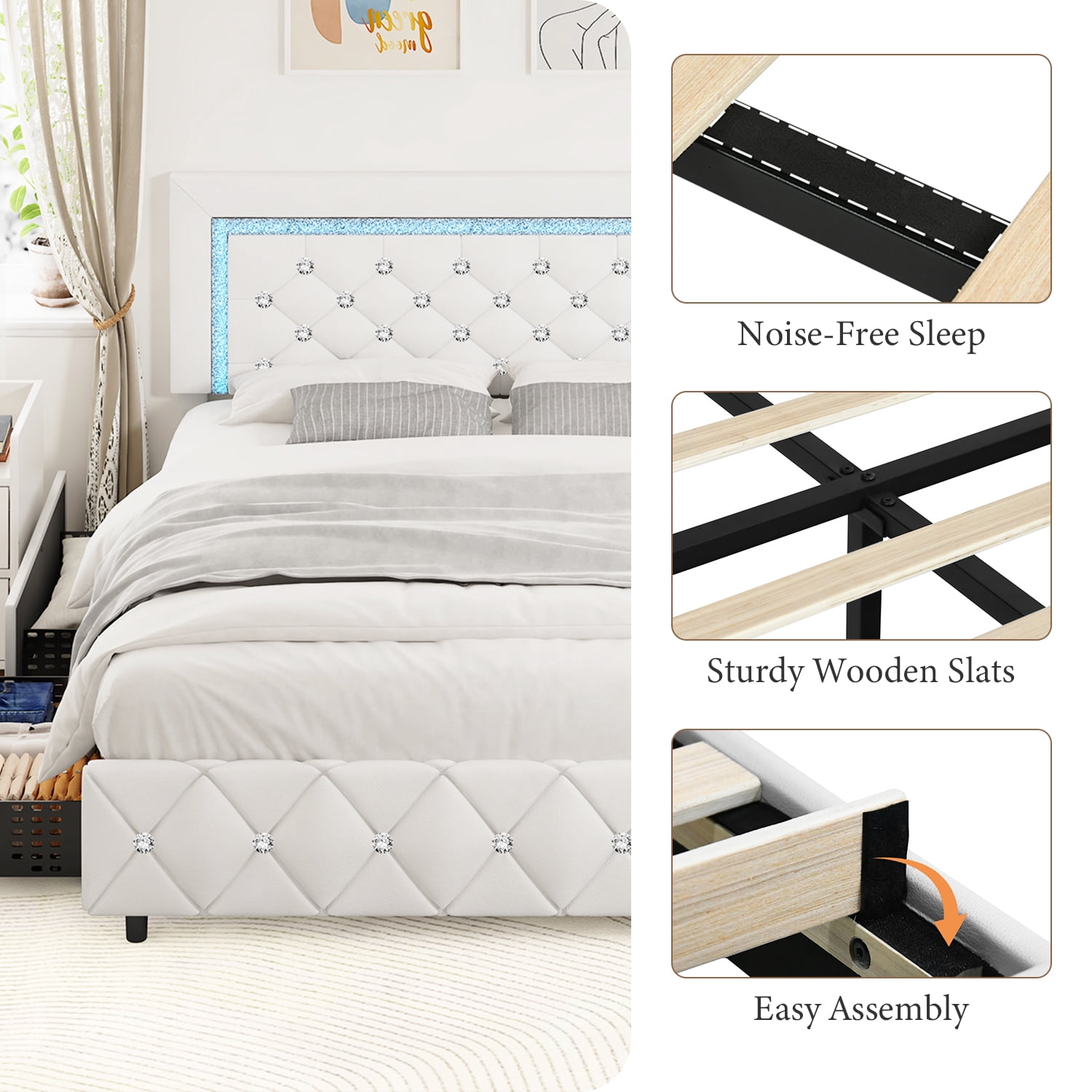 4 Ever Winner Twin Size Upholstered Bed Frame with LED Light, 2 Drawers, Diamond Tufted Headboard, White