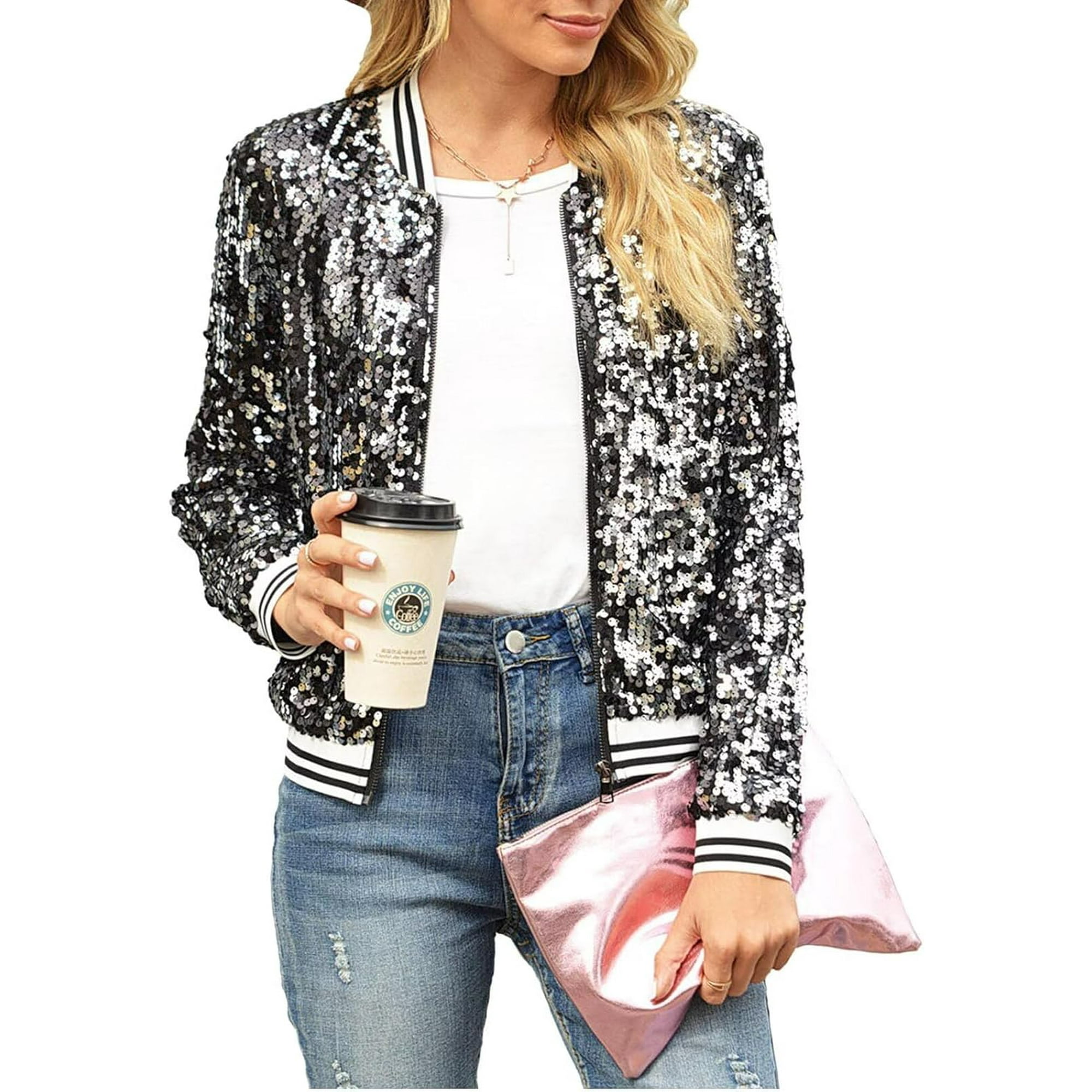 Black glitter bomber jacket deals