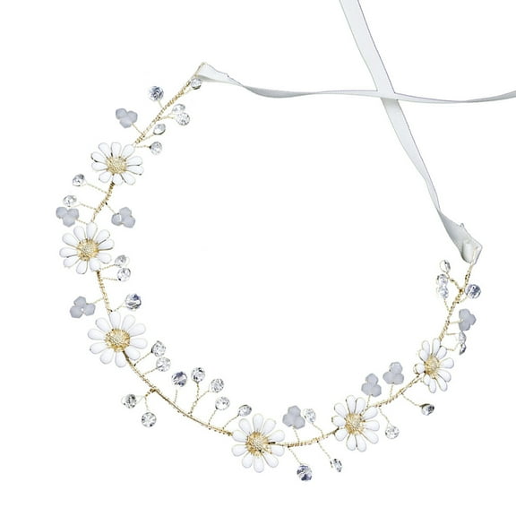 FRCOLOR Crystal Hair Wreath Bridal Headpiece Simulation Floral Crown Daisy Flower Headband Rhinestone Garland for Holiady Wedding Photography(Golden)