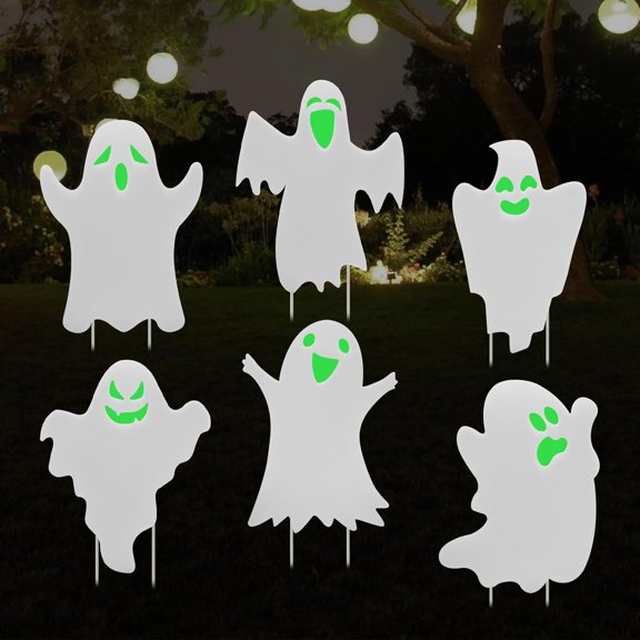 6-Piece Halloween Ghost Yard Signs with Stakes Decorations - 6 Assorted Designs 12.6 x 15.7 Inches Large White Ghost Signs with Face Stickers for Outdoor Garden and Lawn Halloween Party Favor