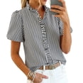 thumbnail image 6 of QASIEATN Ladies' Puff Sleeve Button Up Tops Summer Striped Stand Up Collar Fashionable Casual Loose Short Sleeved T Shirt, 6 of 6