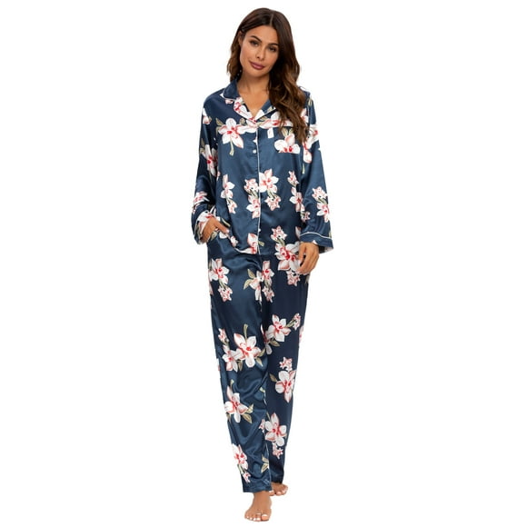 MintLimit Pyjamas en Satin de Soie pour Femmes Mis Bouton Bas Pjs Floral à Manches Longues Vêtements de Nuit Dame Soft Lounge Sets XL