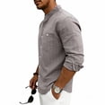 thumbnail image 5 of Qiyinn Men's Cotton Linen Long Sleeve Shirts Casual Button Down Banded Collar Shirt Beach Summer Tops with Pocket, 5 of 8