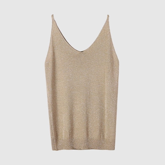 V-neck Shimmering Knit Tank Top Everyday Casual Solid-Color Women's Summer Fashion