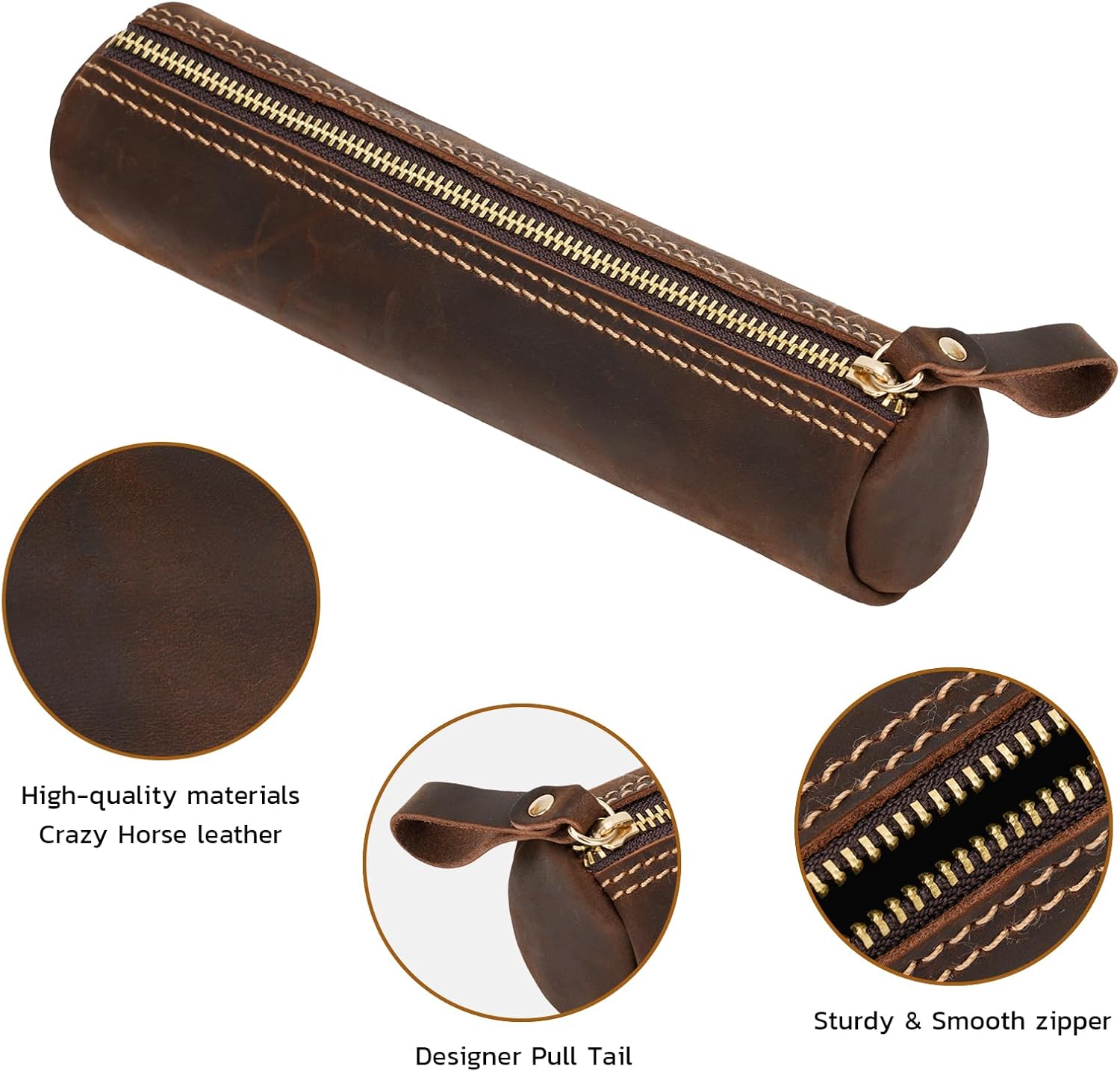 ABPETE Small Pencil Pouch-Genuine Full-Grain Leather Pencil Case for Men- Vintage Leather Pouch for Adults-Stationery Organizer Bag for Work & Travel-Cylinder-Coffee