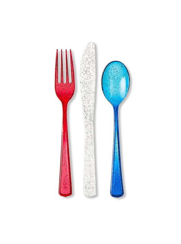 Patriotic Red, White & Blue Glitter Cutlery Set with Forks, Knives & Spoons, 18 Count, by Way To Celebrate