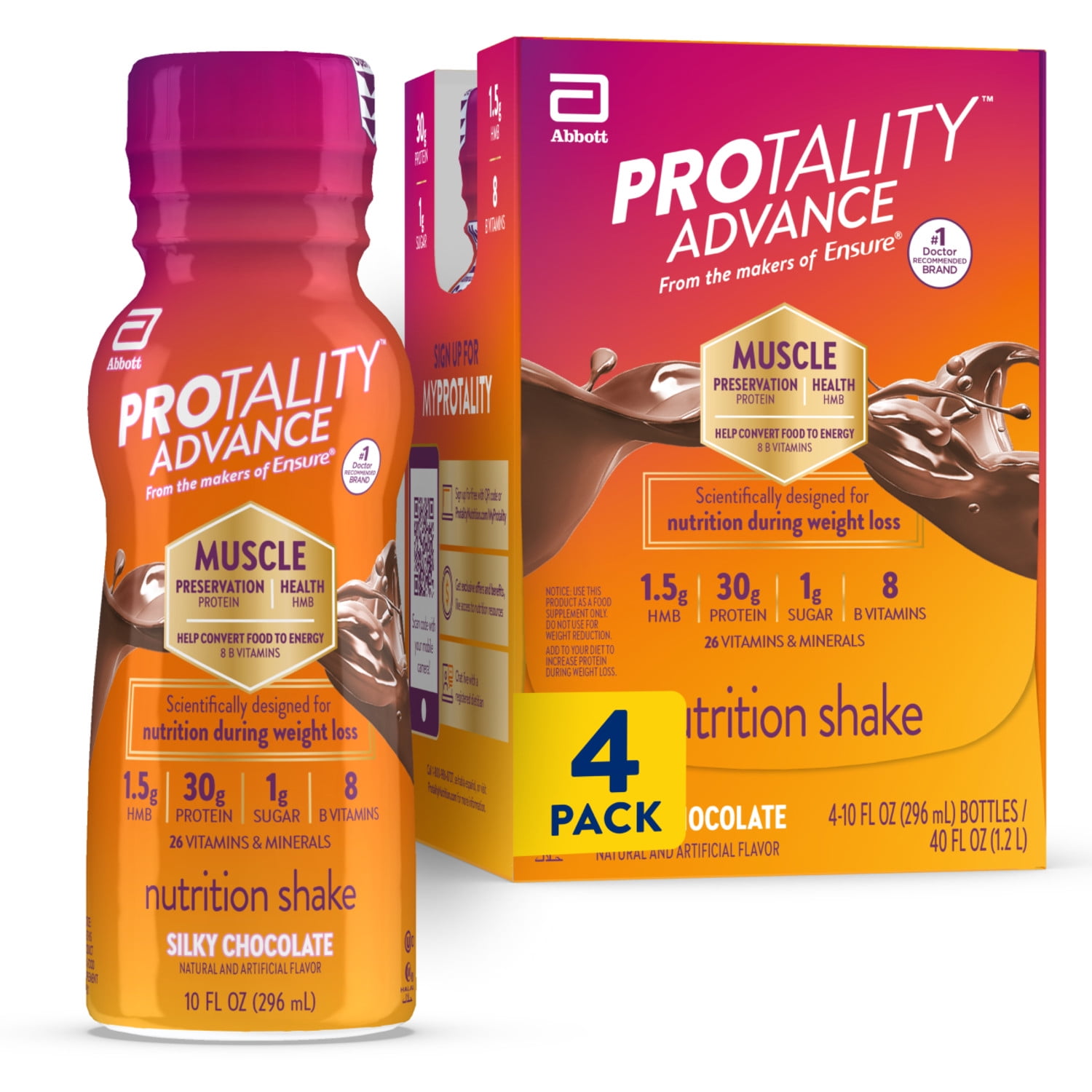 PROTALITY Advance Nutrition Shake, Silky Chocolate, 10-fl-oz Bottles, Pack of 4