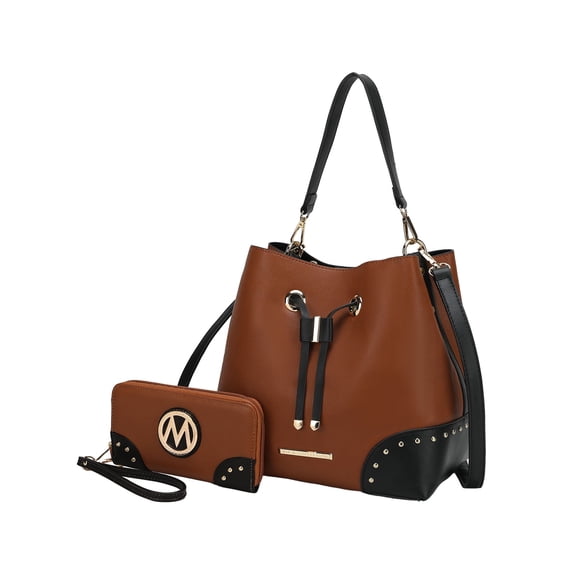 MKF Collection Callise Vegan Leather Women's Bucket Bag & Wristlet Wallet 2-Piece Set by Mia K. - Cognac Black