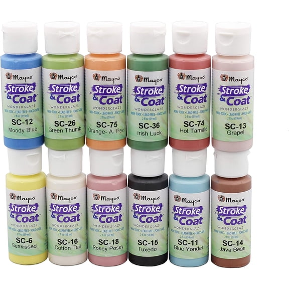 Creative Hobbies Mayco Stroke and Coat Glaze for Ceramics Kit 1 | 12 Assorted 2 oz Jars with How to Paint Pottery Book