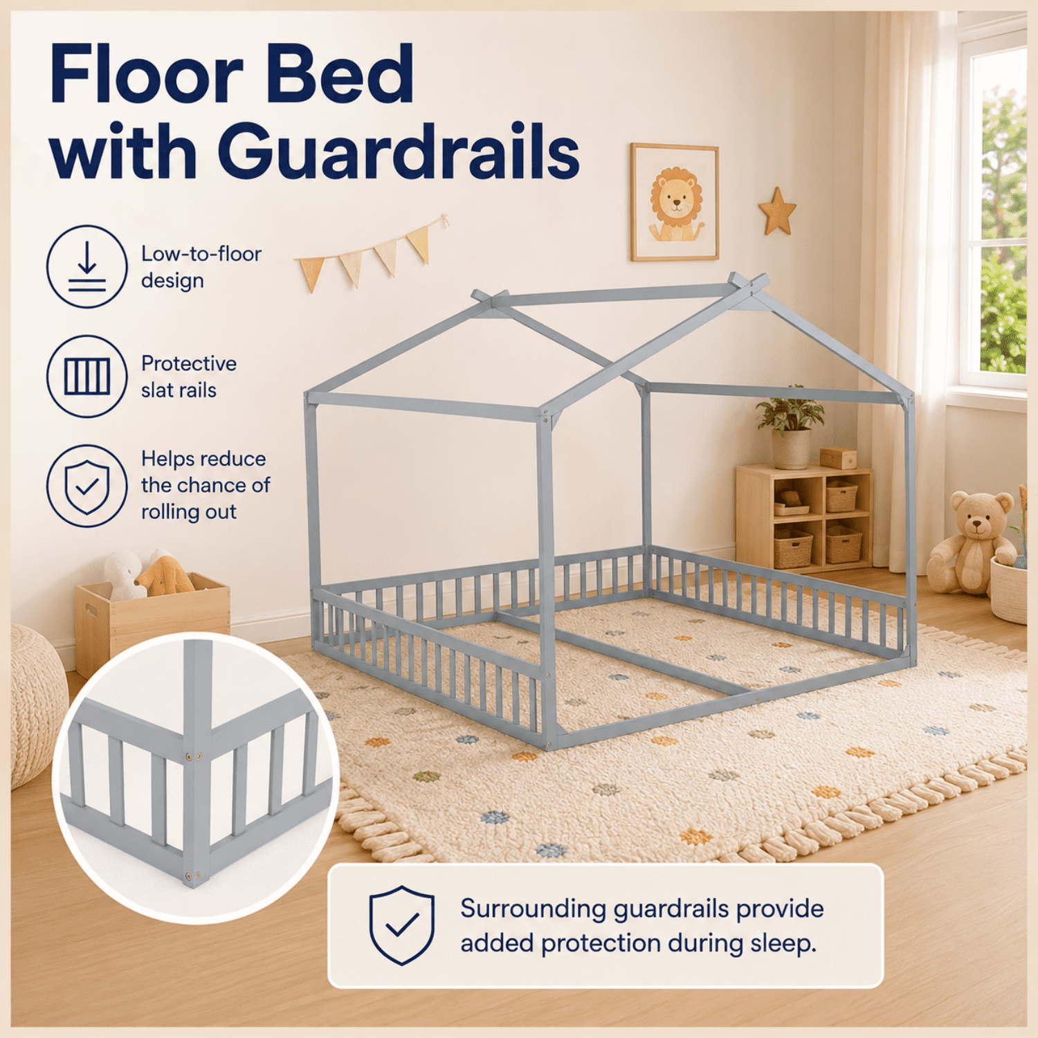 Miniyam Double Twin Floor Bed for Kids, House Bed with Guardrails and Open Entrance, Gray