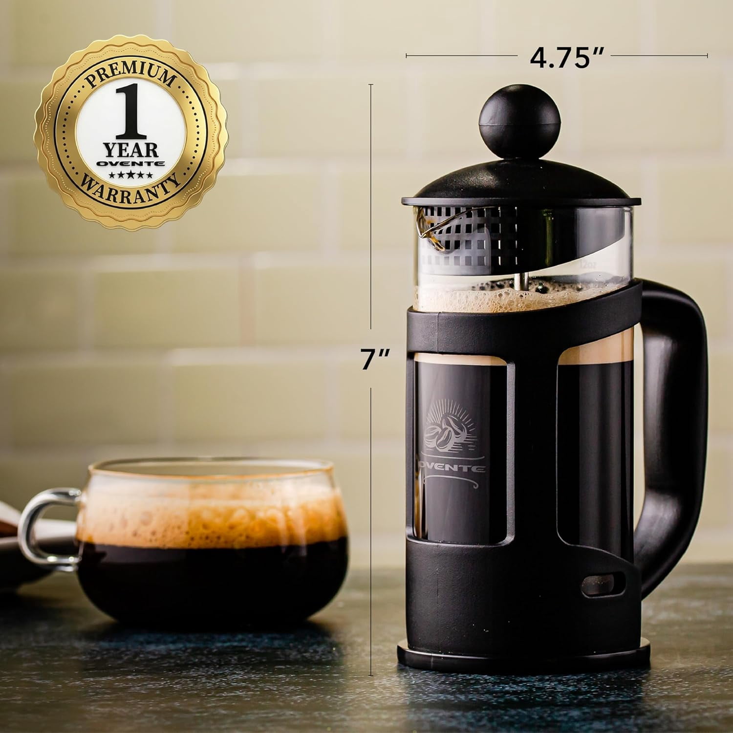 OVENTE French Press Coffee Maker 12 Ounce with Heat Resistant Borosilicate Glass & Stainless Steel 4-Level Filtration System, Portable Cold Brew Coffee Maker for Travel, Camping or Gift, Black FPT12B