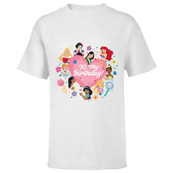 Disney Princess Pink Heart and Flowers It’s My Birthday - Short Sleeve T-Shirt for Kids - Customized-White