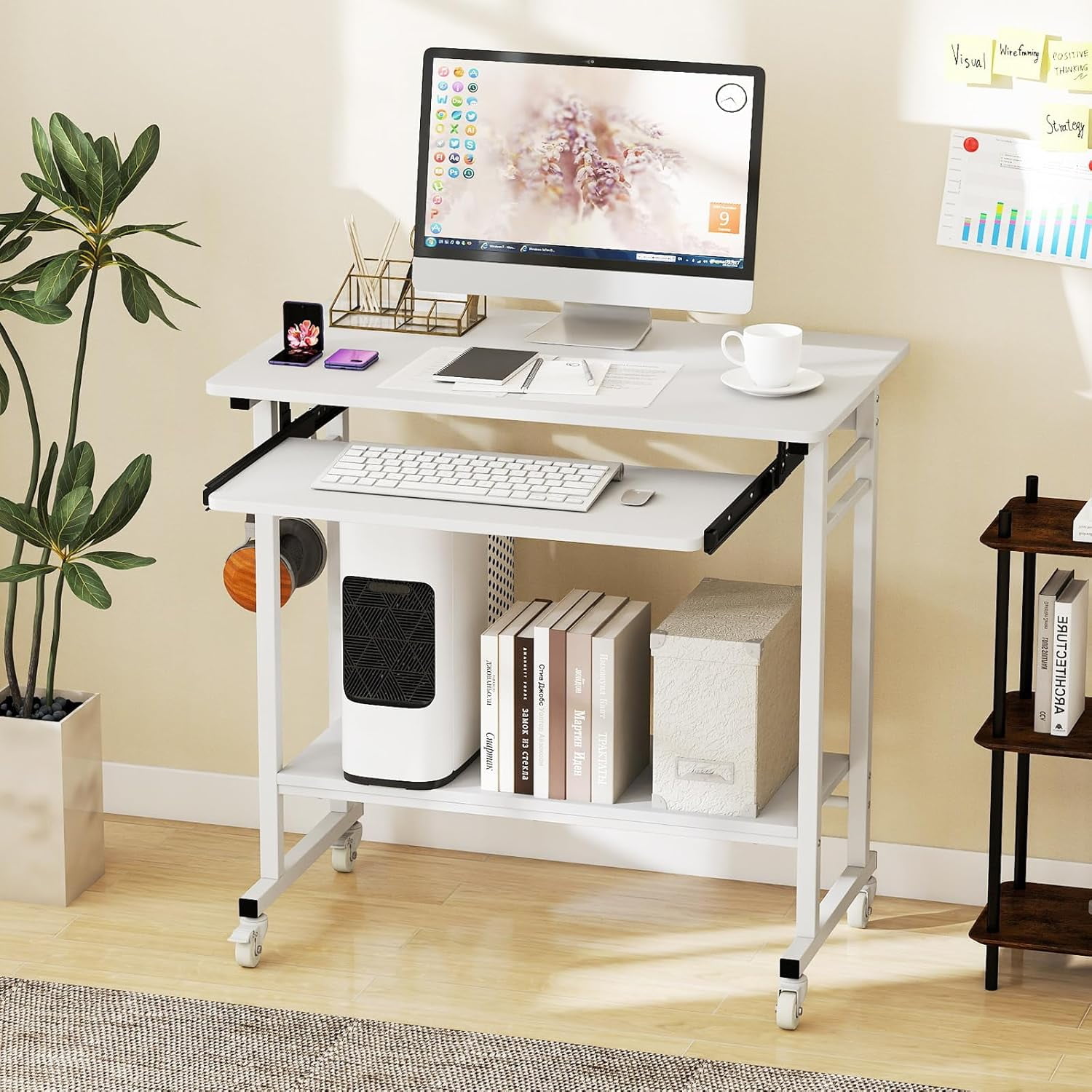 CHTER Rolling Computer Desk Cart with Keyboard Tray, Mobile Portable Laptop PC Desk with CPU Stand & 3 Hooks for Sofa & Bed, Compact Small Desk on Wheels for Small Spaces (White)