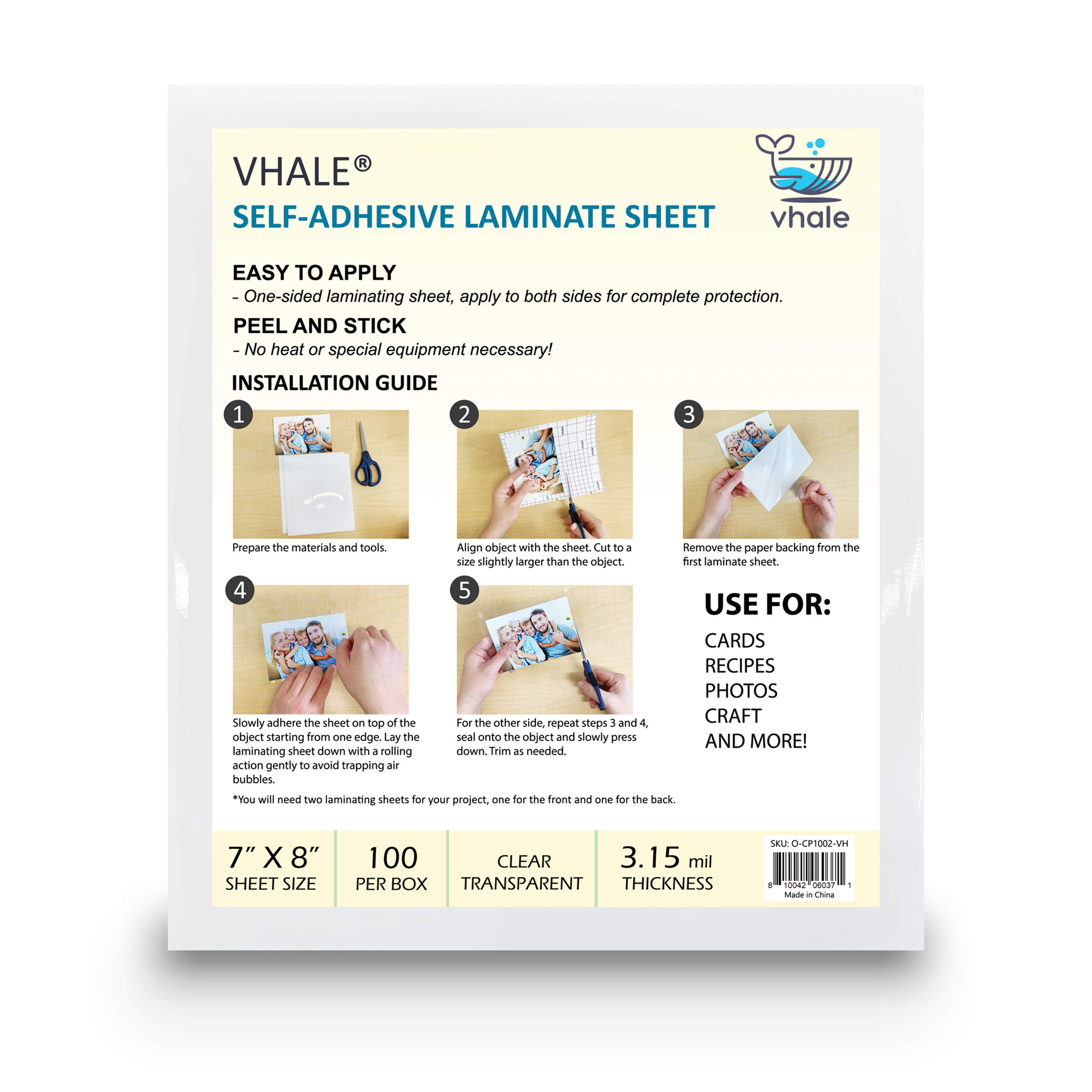 VHALE Glossy Clear Self-adhesive Overlay Laminating Sheet Contact Papers, 7 X 8 Inches, 3.15 Mil, Pack of 100