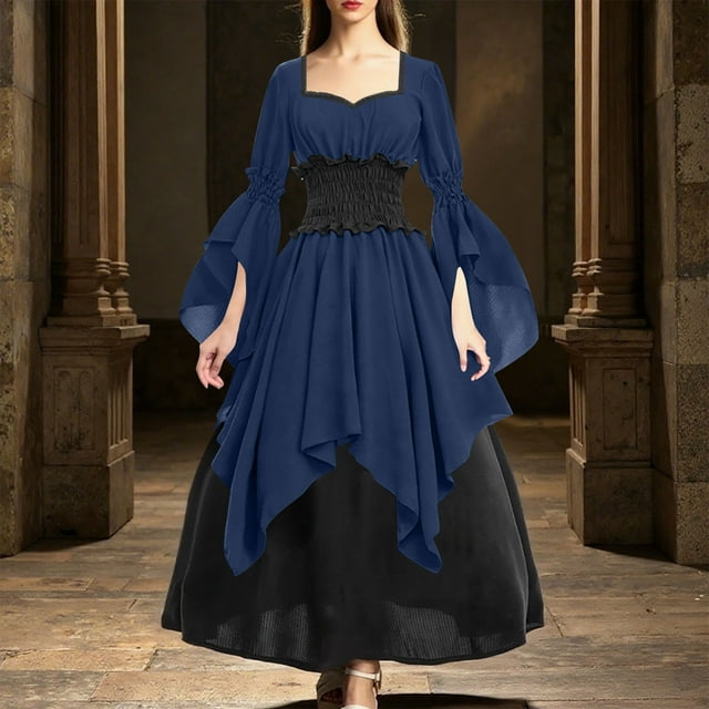 Amzcrzy Robes pour Femmes Vintage Couleur Unie Robe Médiévale Tunique à Manches Longues Robe Victorienne pour Femmes Tunique Décontractée Robes pour Femmes 3TG
