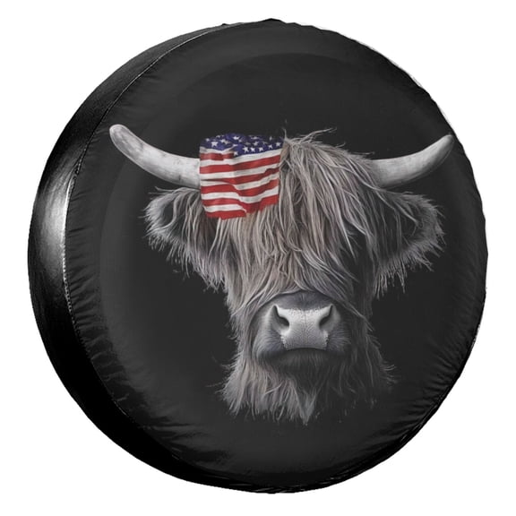 KAKALAD Highland Cow America Black Spare Tire Cover Universal Car Vehicle Tools For Rv SUV Truck Camper Travel Trailer Accessories Buckle 14” Inch