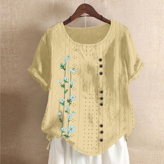 Blouses pour Femmes, Mode Féminine Imprimée Confortable Ample Manches Courtes Blouse Boutonnée Col Rond Décontracté
